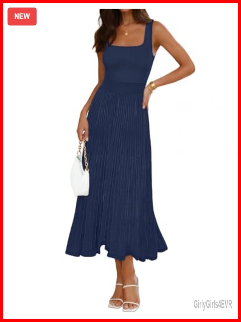 Sleeveless Midi Dress Square Neck Pleated A-Line Cocktail Wedding Guest